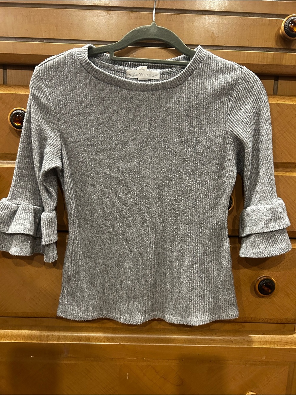 Gray Ribbed Knit Top with Ruffle Sleeves